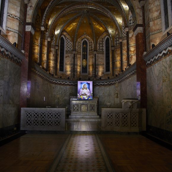 Picture of artist Grayson Perry on the Fitzrovia Chapel altar.