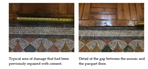 Two pictures of the damaged floor of the Fitzrovia Chapel London